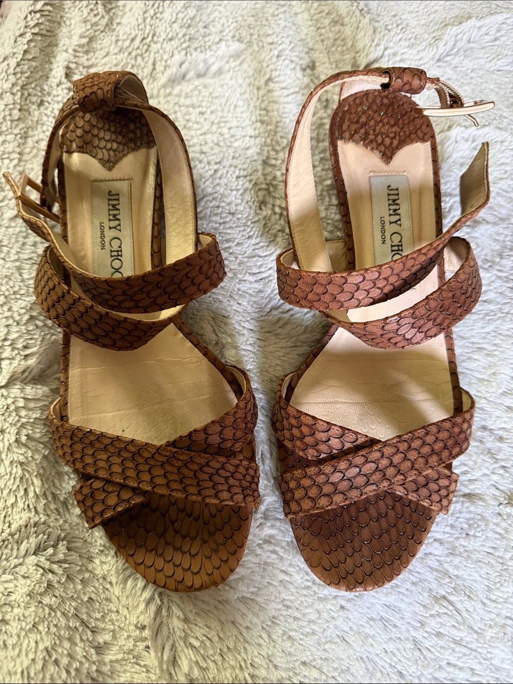 Jimmy Choo Brown Scaled Leather Strappy Sandals